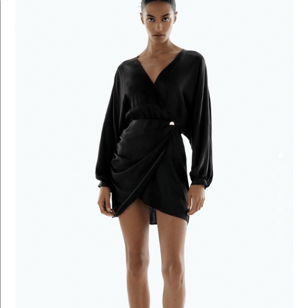 ZARA Satin effect wrap dress long sleeves Size Large - Picture 3 of 14